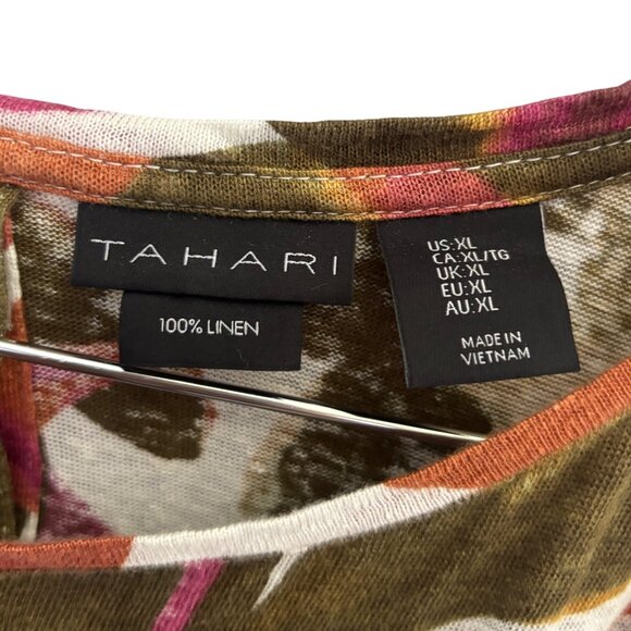 Tahari Women's 100% Linen Floral Short Sleeve Top Size XL Button Up Back - Picture 6 of 7